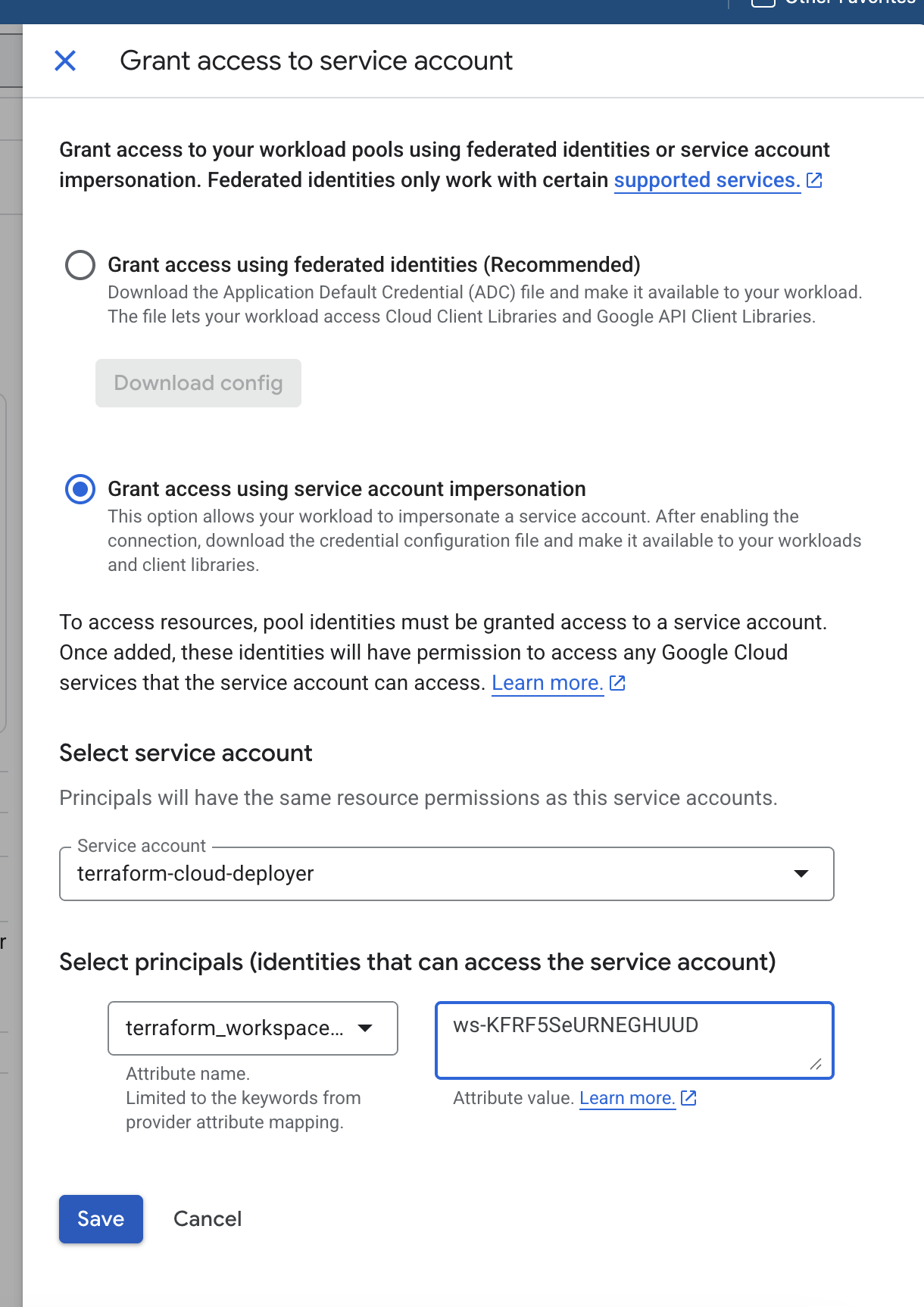 Service Account Grant Screenshot